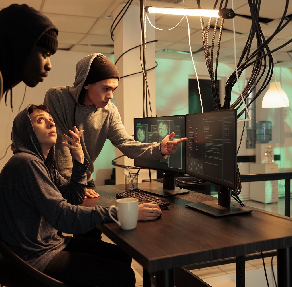 three people collaborating on computer